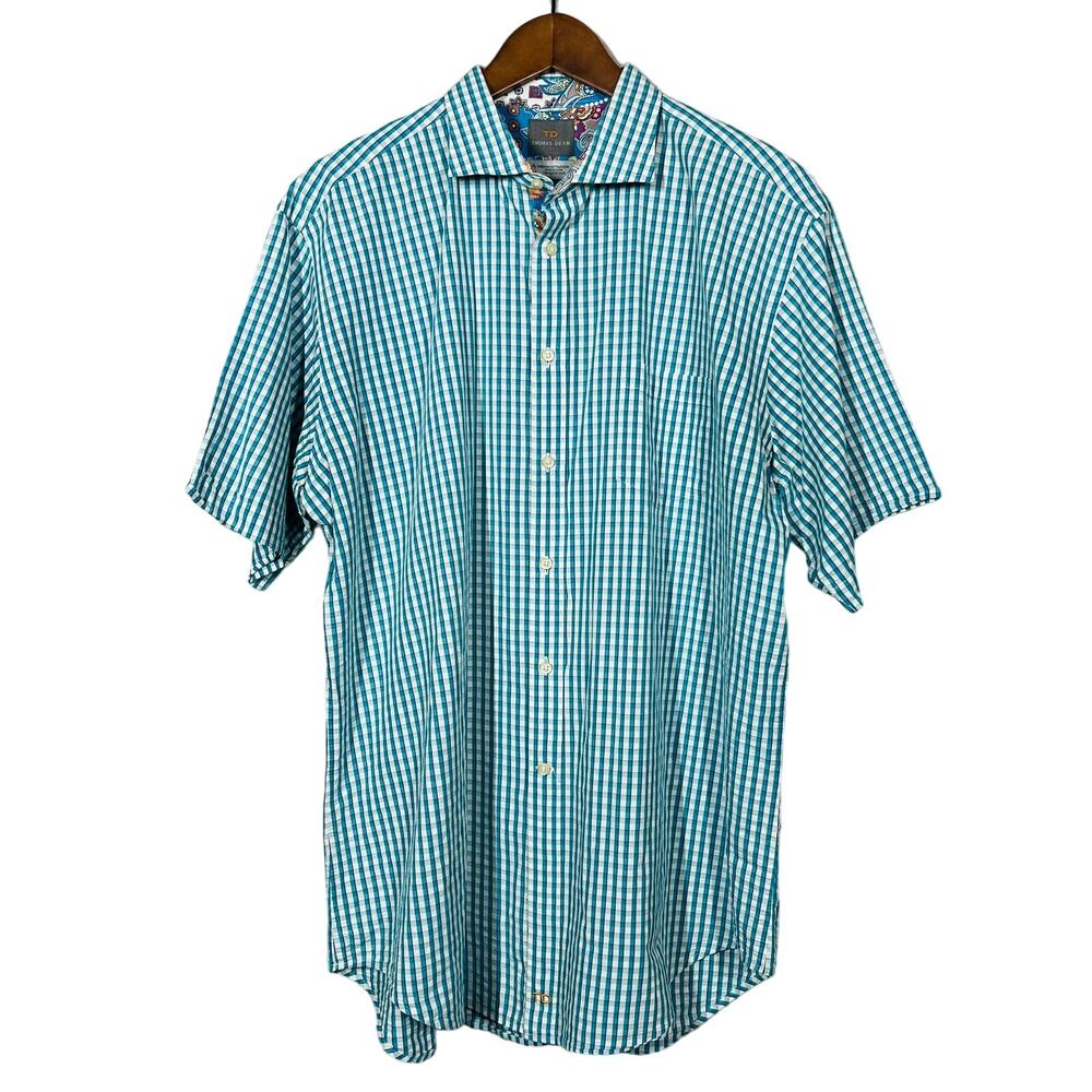 Thomas Dean Short Sleeve Button Up Shirt Checker Teal Casual - XL